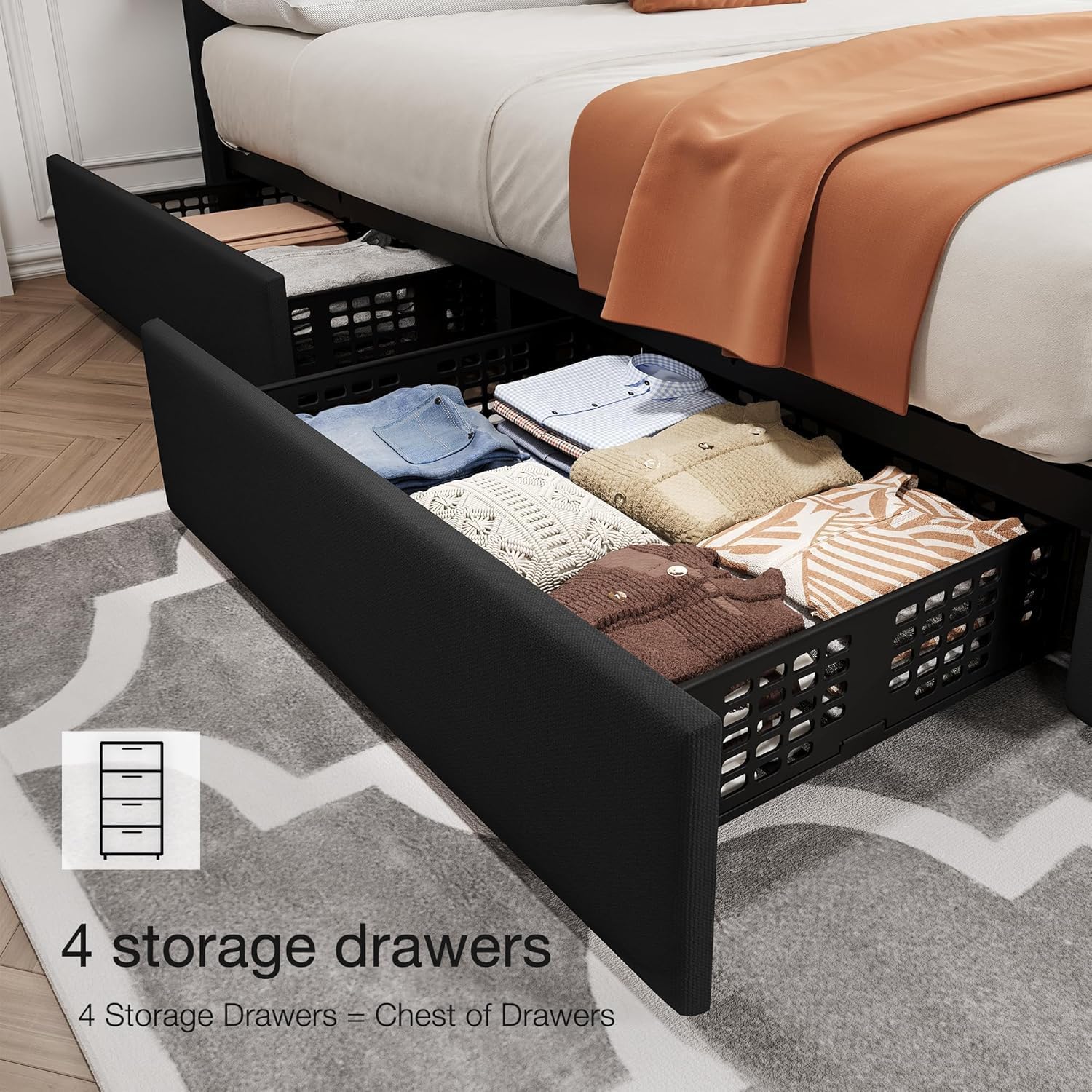 Full Bed Frame with Adjustable Headboard & 4 Storage Drawers, Button Design, No Box Spring, Noise-Free, Black