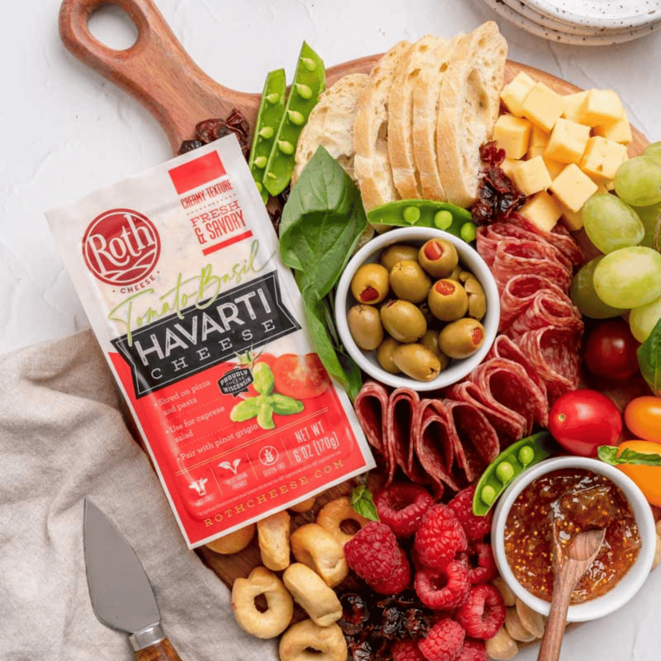 Roth Gluten Free Block Tomato Basil Havarti Cheese, 6 oz Fresh Plastic Wrapped