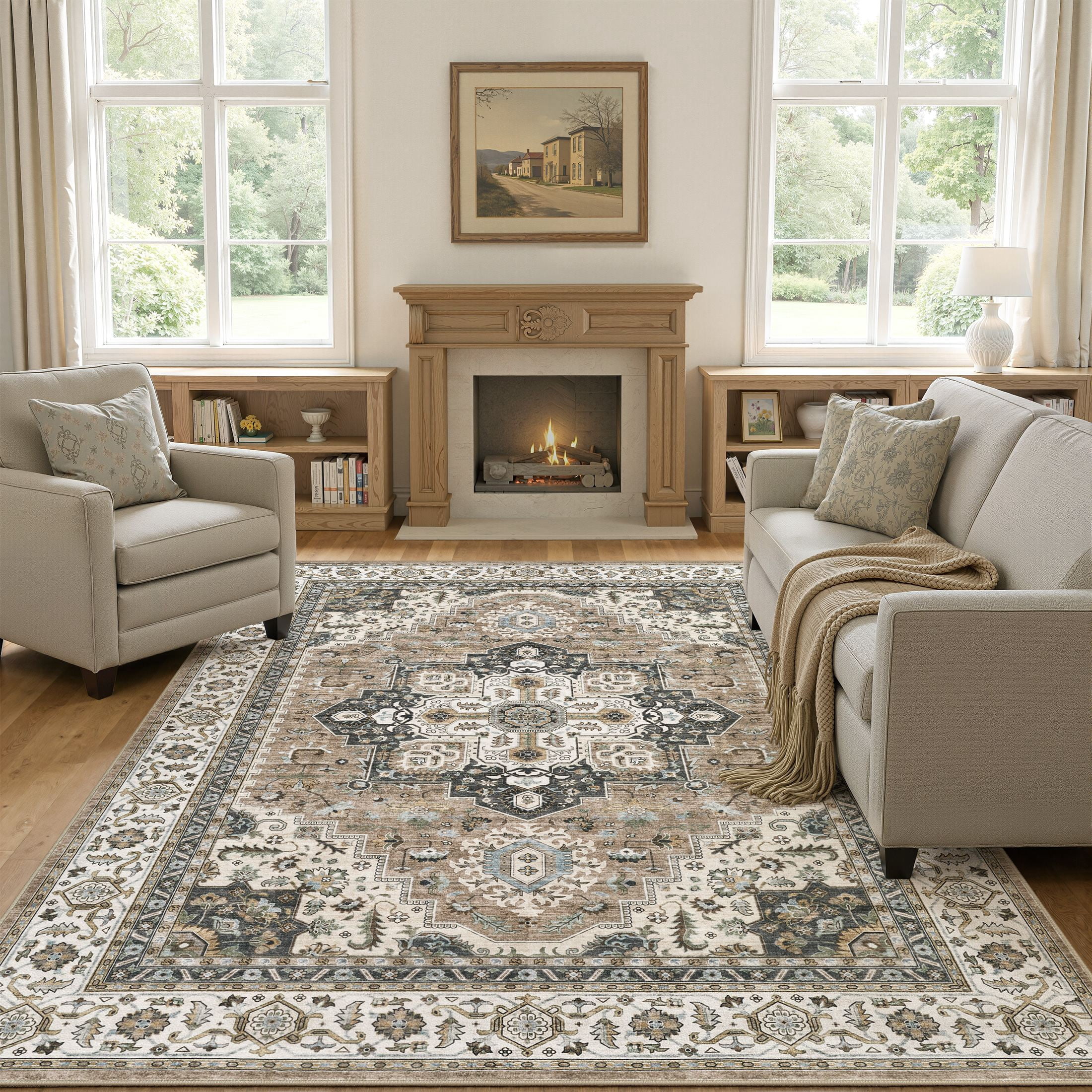 UERMEI 6'x9' Area Rugs for Living Room, Non-slip Washable Vintage Indoor Rug for Bedroom Dining Room Office, Soft Low Pile Floral Rug Home Decor Carpet, Brown Beige