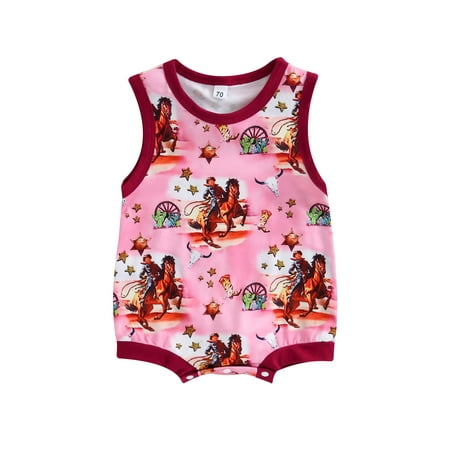 

Qtinghua Newborn Baby Girl Boys Western Clothes Sleeveless Cow Print Romper Bodysuit Summer Outfits