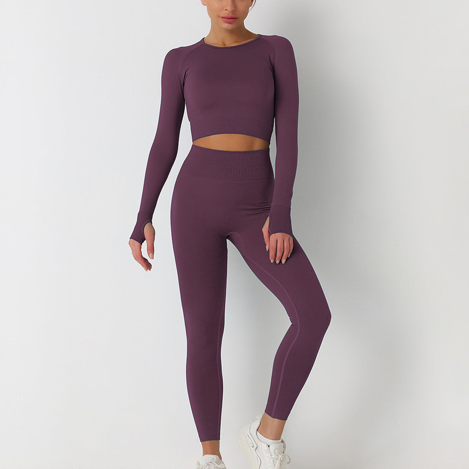  Womens Workout Sets 2 Piece - Seamless Yoga Leggings And  Zipper Jacket Crop Top Gym Outfits Activewear Matching Set - Purple Large