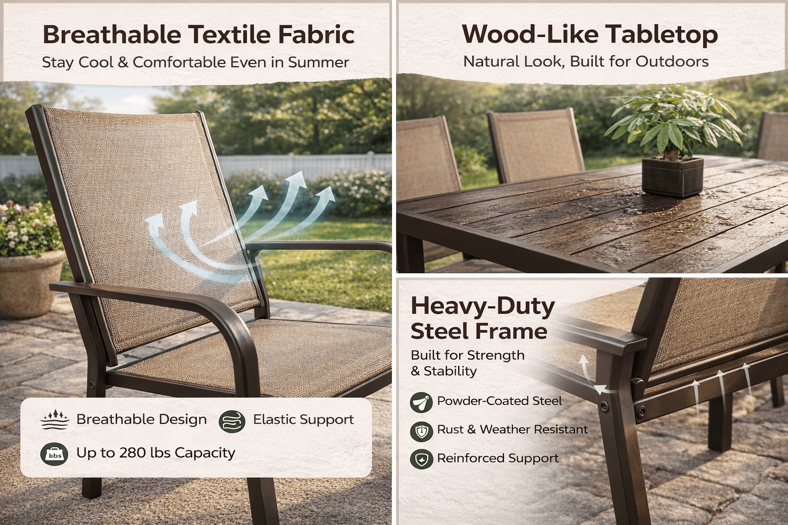 Enyopro 7 Pieces Patio Dining Set, Outdoor Furniture with Rectangular Table & 6 Stackable Textilene Chairs, Weatherproof Steel Frame for Garden Backyard Deck Porch, Brown
