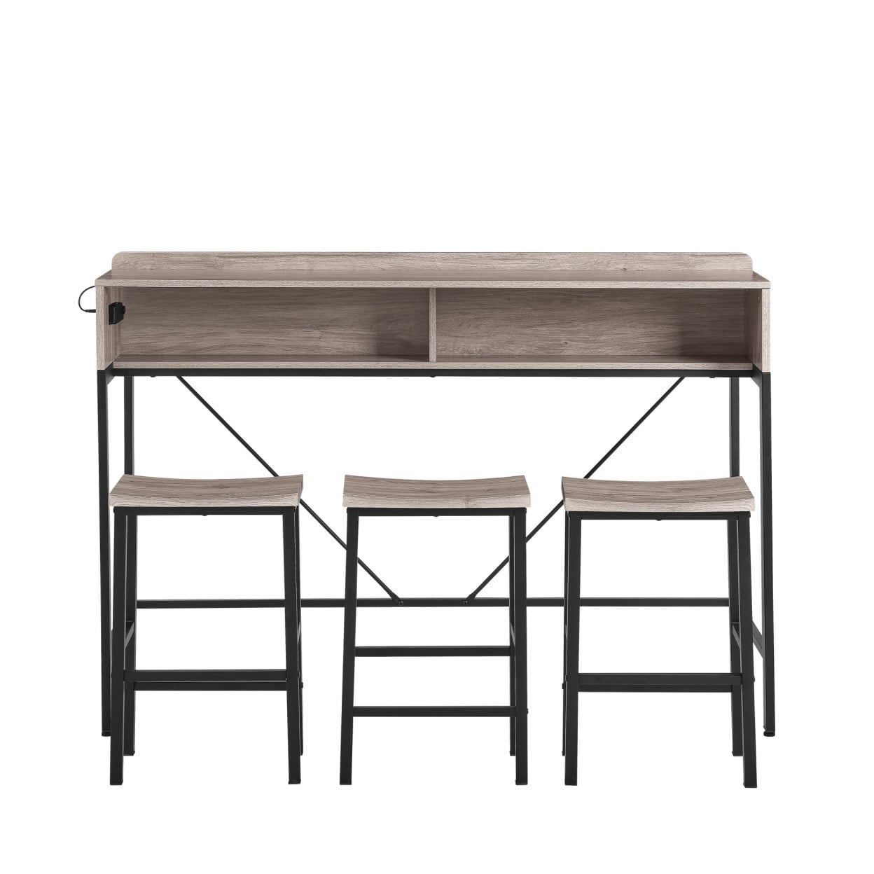 4 Piece Bar Table Set with 3 Saddle Stools, 59" Sofa Table with LED Lights and Charging Station, Counter Height Dining Table for Kitchen, Living Room, Home Bar, Grey