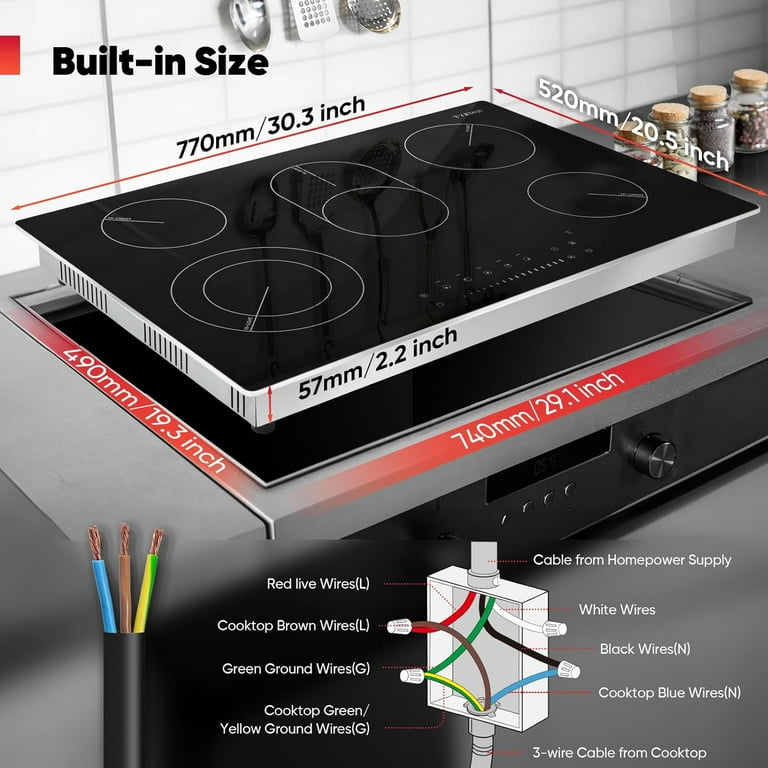 9000W 30 inch Electric Cooktop 5 Burners, Countertop & Built 9000W 30 inch Electric Cooktop 5 Burners, Countertop & Built
