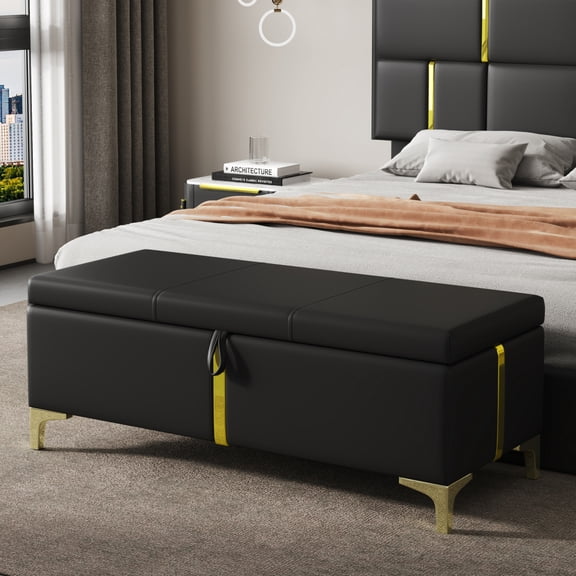 Elegant Upholstered Storage Ottoman - Metal Legs, Semi-Assembled for Bedroom/Living Room,Black