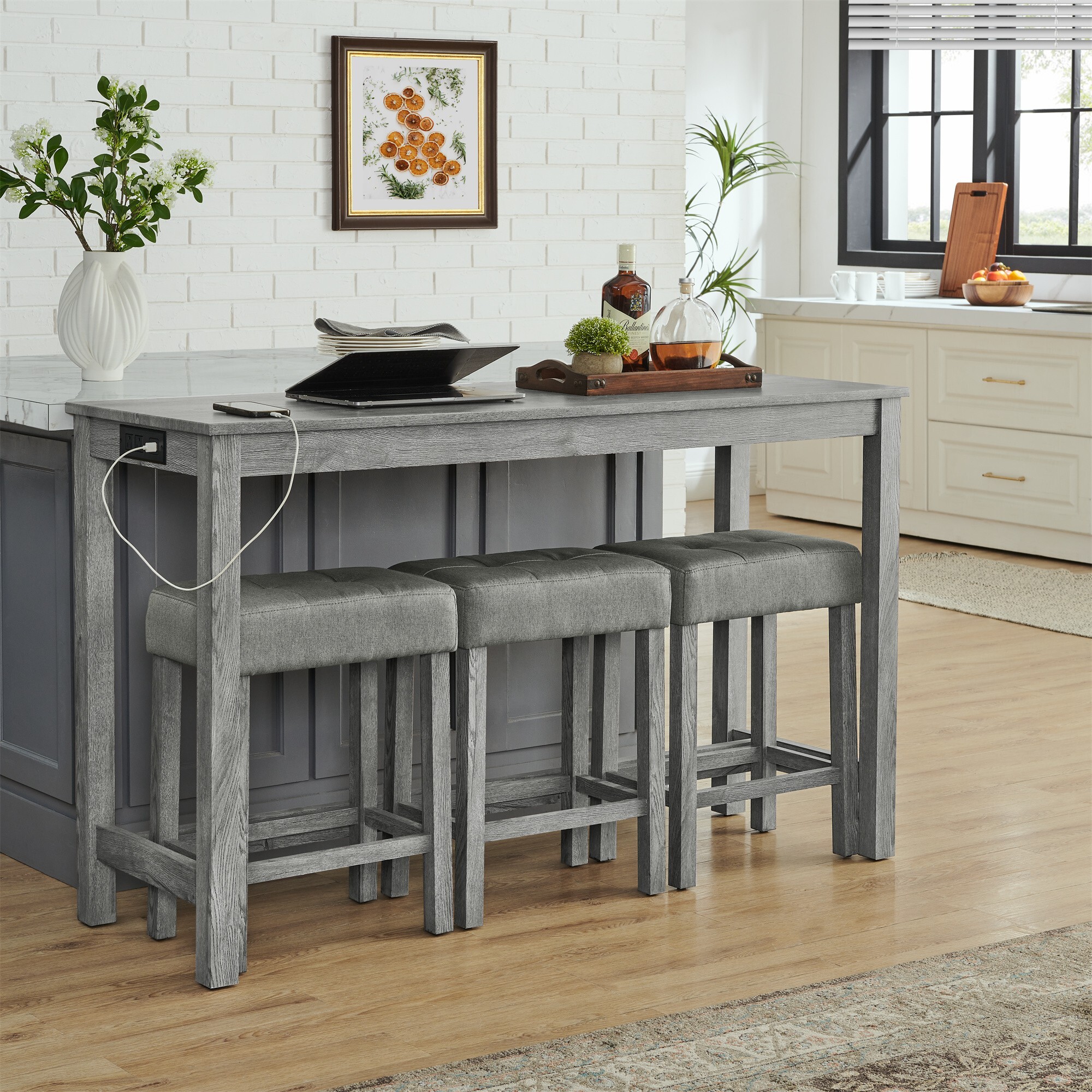 DEALTOPS 4-Piece Bar Table Set with Charging Station, 59" Counter Table with 3 Soft Stools for Small Space, Antique Gray