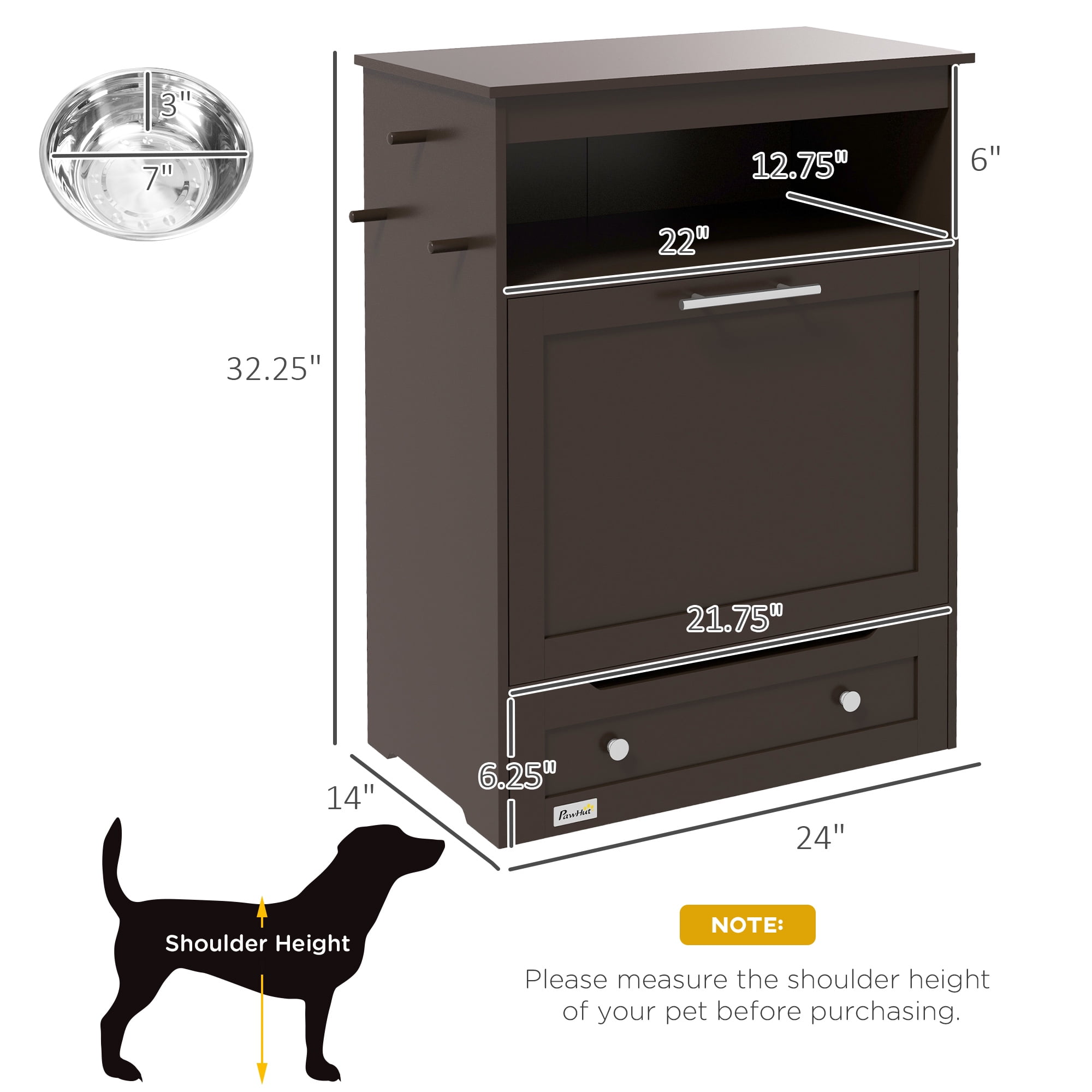 Dog Bed PawHut Pet Feeder Station, Storage Cabinet Dog Food Storage Container with Raised Dog Bowls and Hanger for Feeding & Watering Supplies, Brown,Large Dog Bed