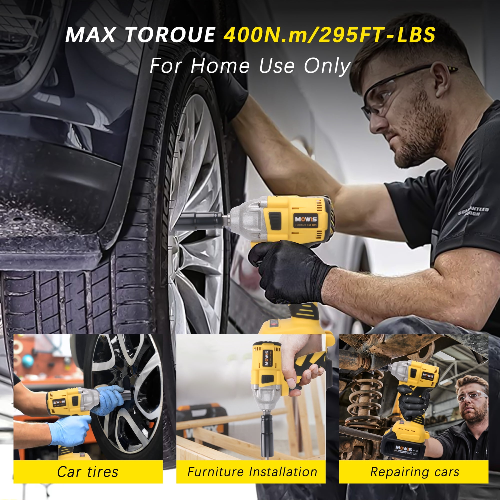 Mowis 21V 1/2" Cordless Power Impact Wrench with 4.0Ah Battery, 295ft-bls (400N.m) Max Torque Half inch Impact Gun for Tire, Lug Nuts