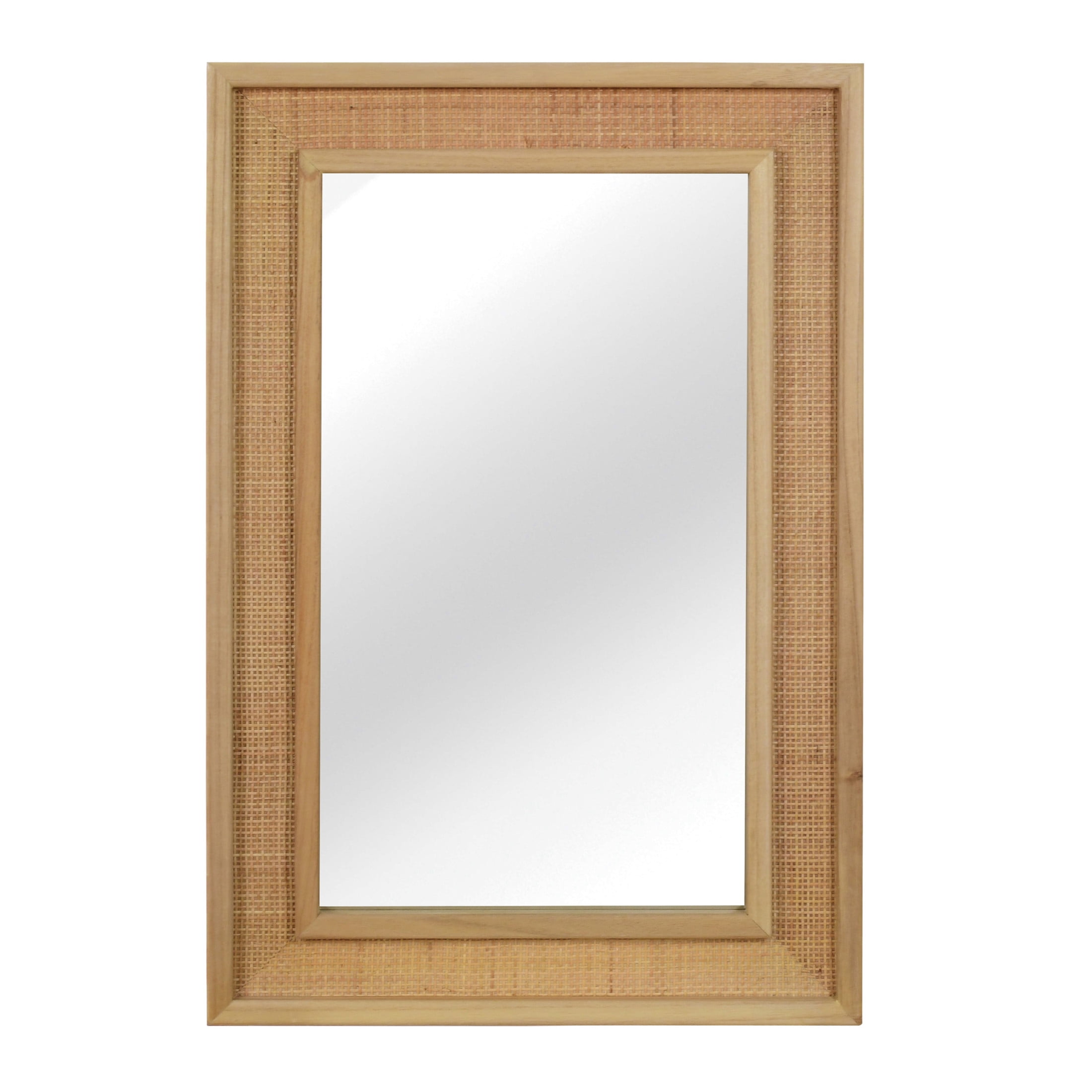 Noble House 24"x36" Rattan Rectangle Wall Mirror, Decorative Accent Bathroom Mirror with Solid Wood Frame, Natural Wood