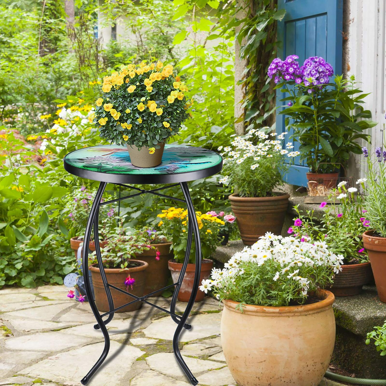 Mosaic Patio Side Table Outdoor Accent Table Bistro Coffee Table Plant End Table Small Porch Table Indoor Round Glass Balcony Hummingbird Plant Table Stands