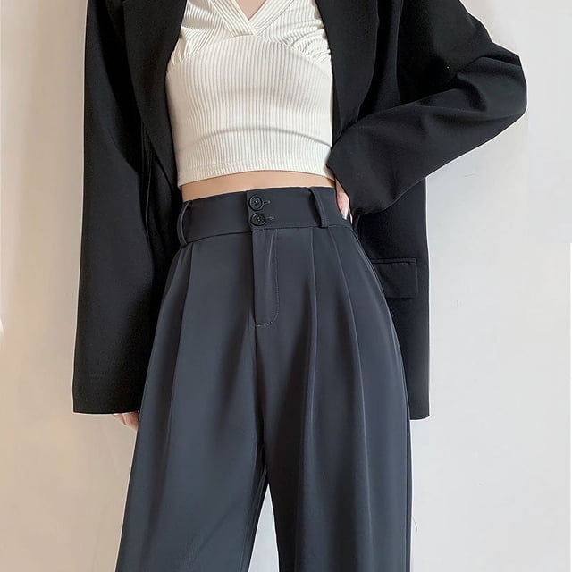 Pantalones de traje gris para mujer, de alta calidad, drapeados, primavera y otoño, rectos, sueltos, casuales, con fregona pequeña, pantalones estrechos de pierna ancha