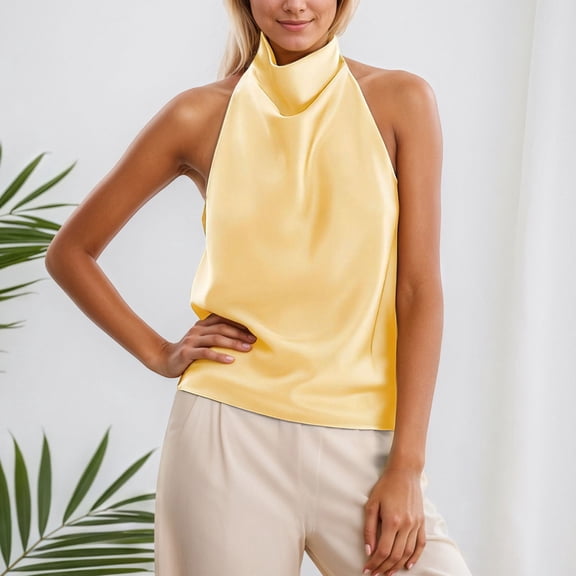 Women's Silk Satin Tank Tops Halter Draped Front Backless Tops (Yellow L)