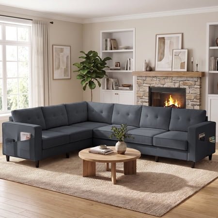 Puremind L Shaped Sofa, Oversized 5 Seat Corner Sofa with Side Pockets, Sectional Couches for Living Room/Apartment, Dark Gray