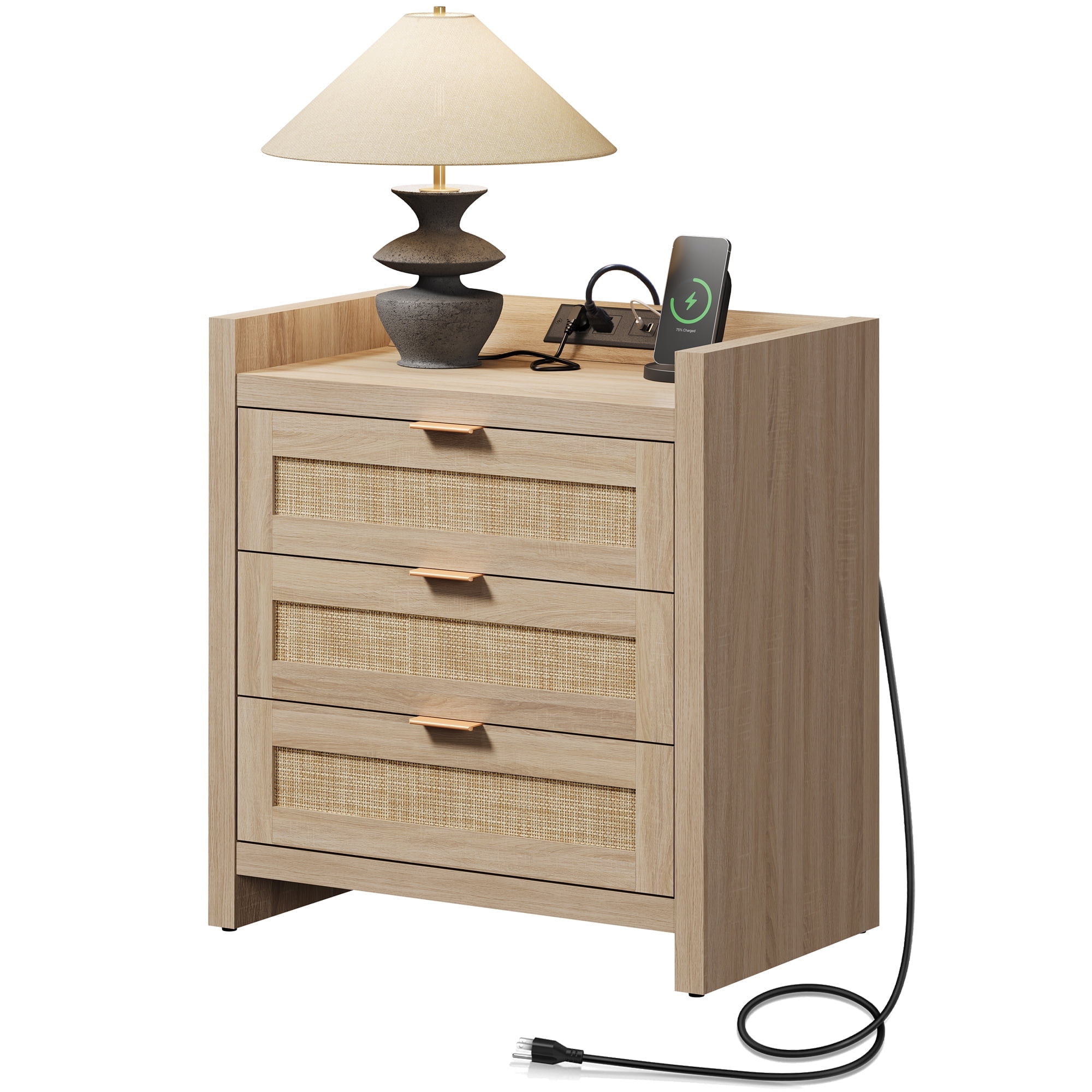 SICOTAS Boho Night Stands with Charging Station, Rattan Nightstands with Type-c Ports 26.57"H Tall Bed Side Table with 3 Drawers for Bedroom Enrtyway Livingroom,Light Oak