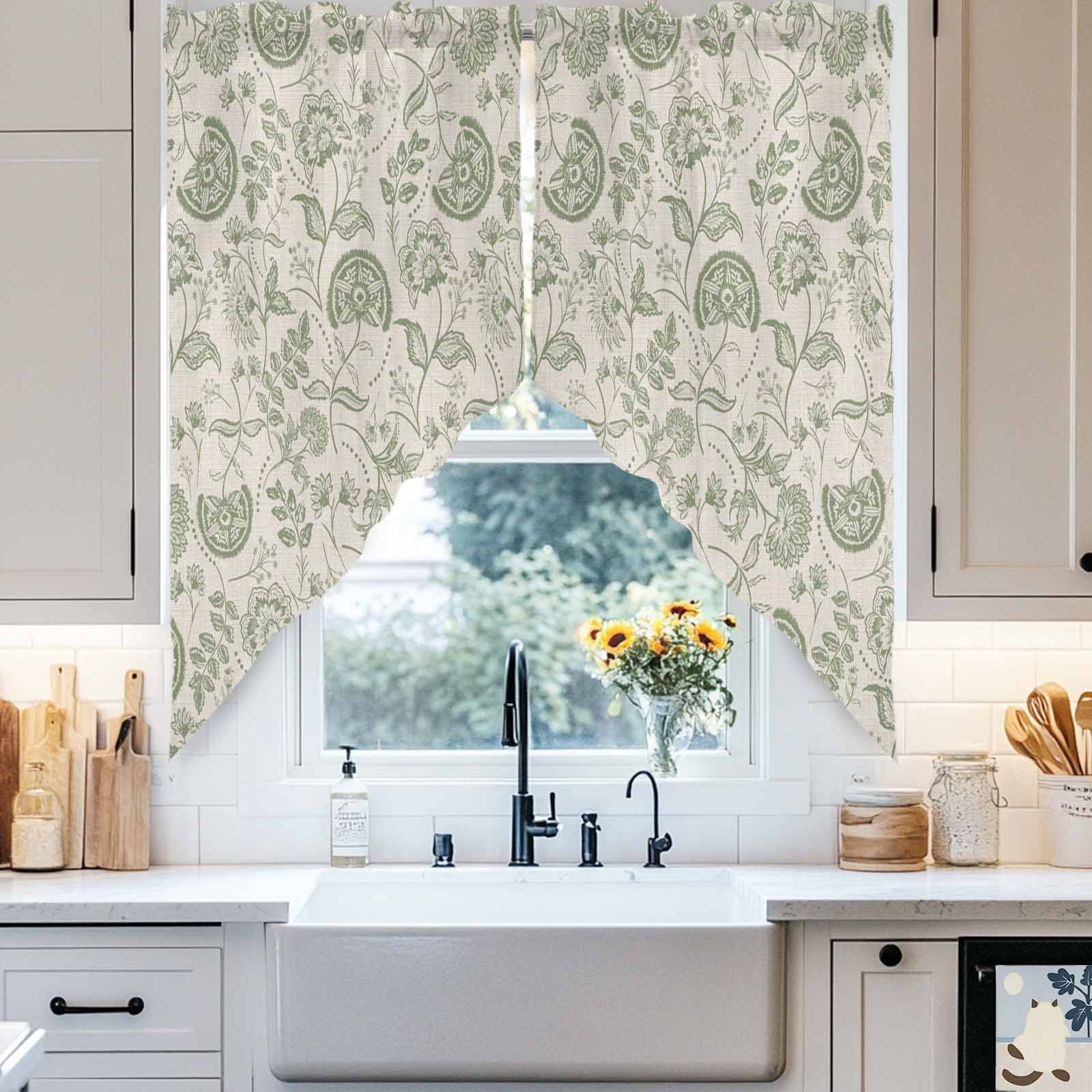 Farmhouse Sage Green Floral Swag Valances for Windows 2 Pack Linen Boho Paisley Flower Rustic Swag Kitchen Curtains 63 Inches Long Rod Pocket Short Window Treatment for Kitchen Bathroom 36"x63"