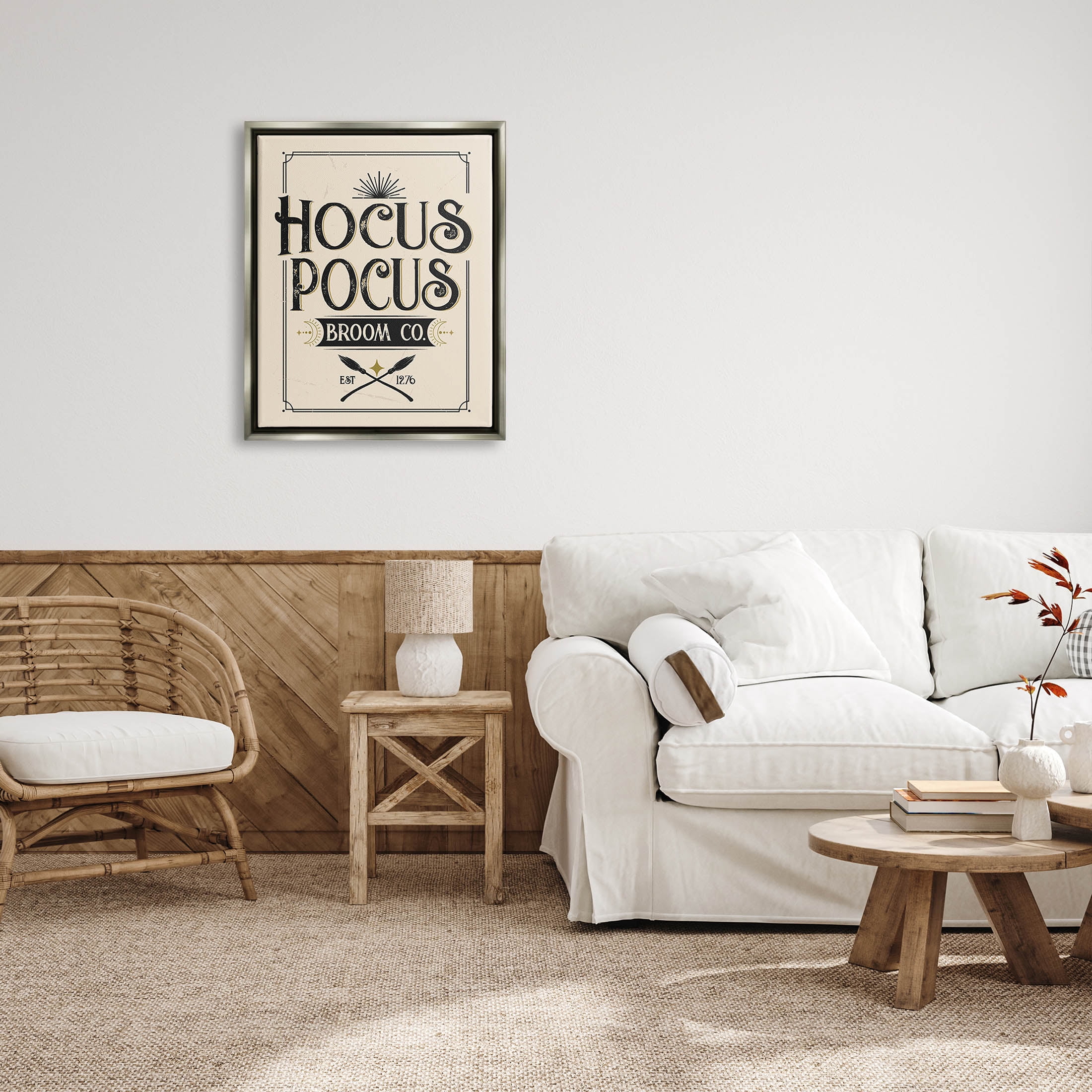 Hocus Pocus Broom Co Sign Holiday Graphic Art Luster Gray Framed Art Print Wall Art