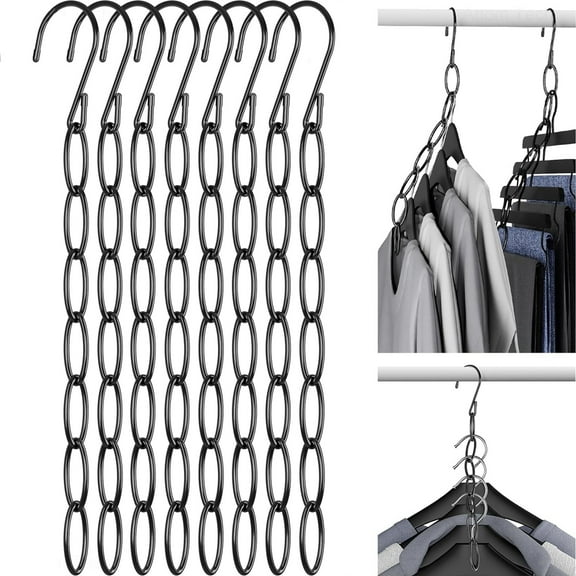Clothing Chain Hangers 8-Pack for Home, Office & Travel, Metal Closet Organizer Space Saving Hangers with Safety Cap for All Garment Types, Wrinkle-Reducing 7-Loop Retractable Design (Black)