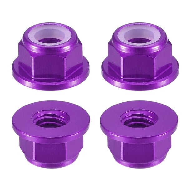 Tuercas de bloqueo hexagonales con inserto de nylon Uxcell, paquete de 4 - Tuerca autolock M5 x 0.8mm de aleación de aluminio, tuerca de bloqueo de brida anodizada para sujetadores (Púrpura)