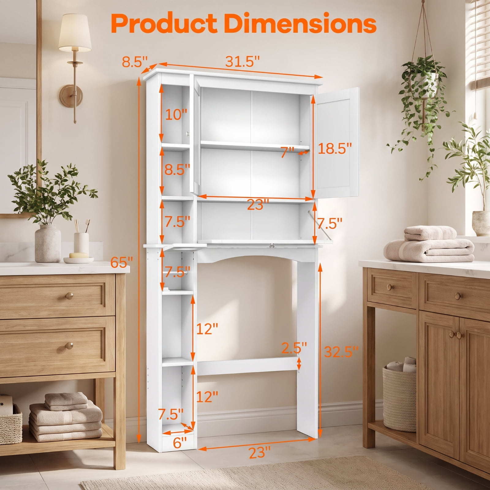 Vebreda Over the Toilet Storage Cabinet with Adjustable Shelf and Bottom Bar and Tissue Box for Bathroom Space Saving Organizer, White