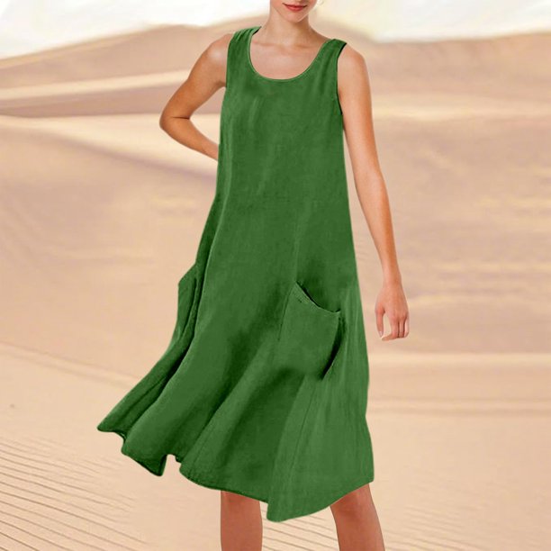 WILLBEST Vestido Lino Mujer Vestido Playero Informal De Verano De Color Liso Sin Mangas Hasta La Rodilla Con Cuello Redondo Y Bolsillos Para Vacaciones, Viajes Y Uso Diario