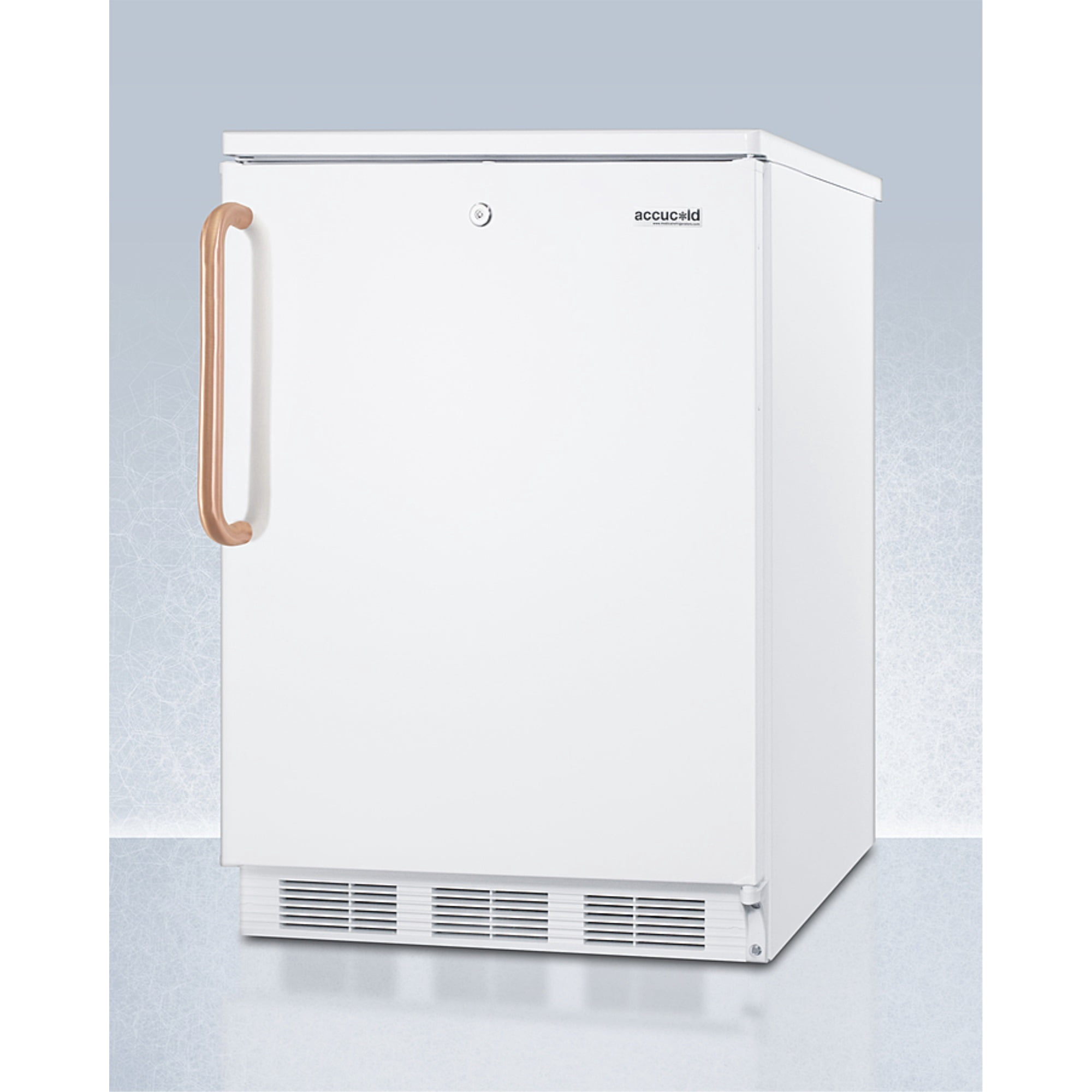 24" wide auto defrost all-refrigerator with lock, digital thermostat, internal fan, door storage, and copper handle