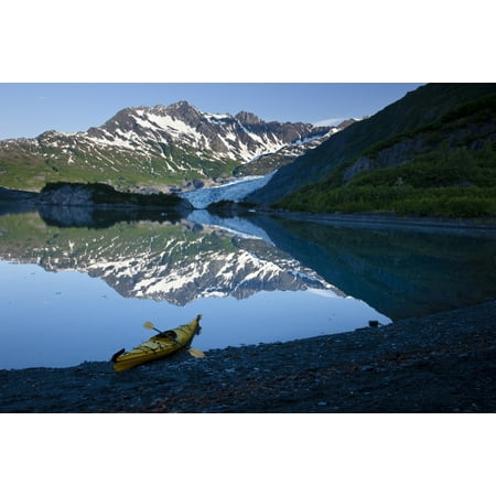 Kayak On The Beach In Shoup Bay With Shoup Glacier Reflected In The Water Prince William Sound Southcentral Alaska Stretched Canvas - Kevin Smith  Design Pics (18 x