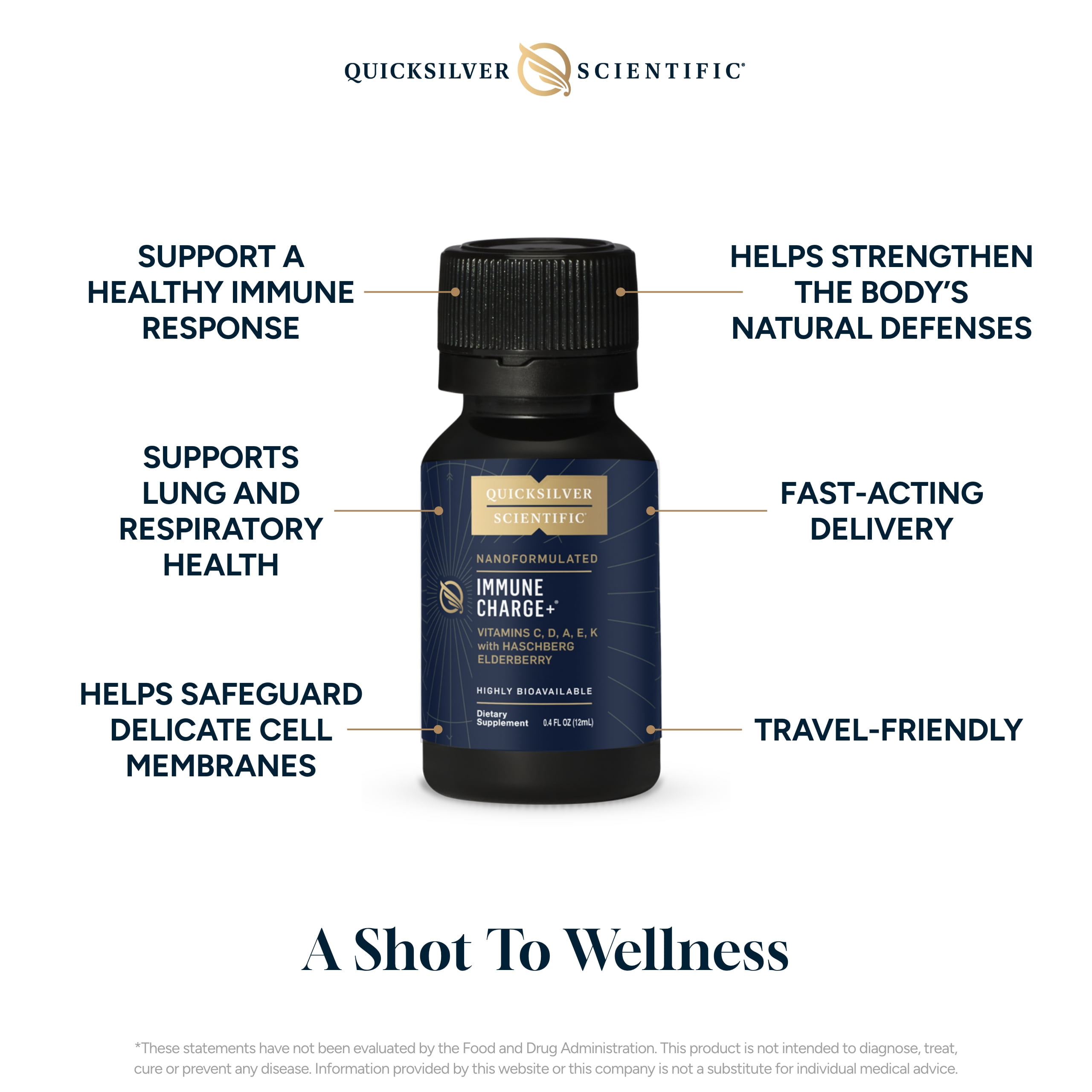 Quicksilver Scientific Immune Charge+ - Portable Wellness Shots with Elderberry, Vitamin C, E, K1, K2, 10,000 IU Vitamin D for Optimal Immune System Support (12 Single Serving Shots)