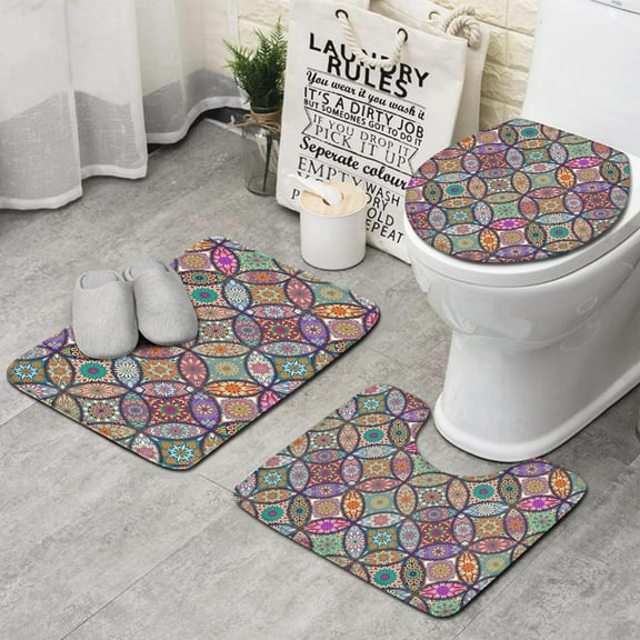 Yellow Floral Oval Pattern Bathroom Rugs Sets 3 Piece,Toilet Cover Set,Absorbent Non Slip Bathroom Mats Sets with U-Shaped Contour Rug Toilet Rug Set