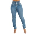 thumbnail image 4 of Moda Xpress Women's Juniors Butt Lifting Spandex Waist Light Wash Skinny Jeans 10476F, 4 of 7