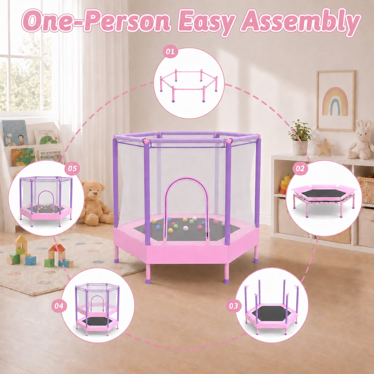 55" Toddler Trampoline with Enclosure Net & Ocean Balls, SHINPT Kids Trampoline for Toddlers Ages 3+, Indoor Trampoline with No Gap Design, Small Trampoline for Kids Room, Living Room, Ideal Gift