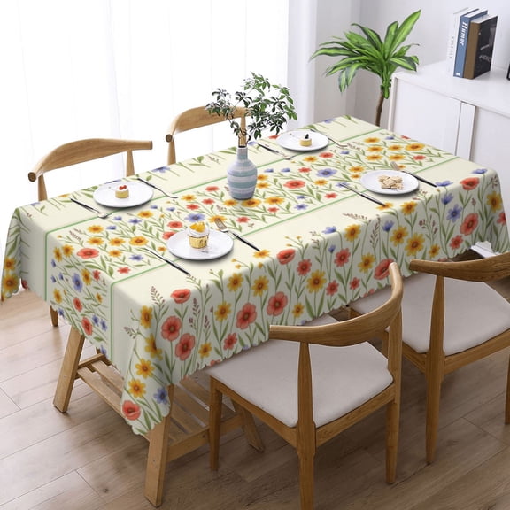 Colorful Wildflower Border Pattern Rectangle Tablecloth Waterproof Table Cloth Stain and Wrinkle Resistant Washable, Decorative Fabric Table Cover for Dining, Party and Camping