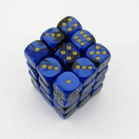 Black and Blue Gemini Dice with Gold Pips D6 12mm (1/2in) Pack of 36 Chessex