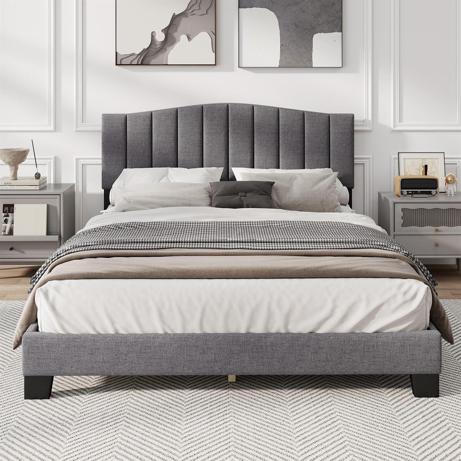 Spaco Queen Size Modern Upholstered Bed Frame, Adjustable Vertical Channel Tufted Headboard, Linen Fabric & Foam, 12 LVL Slats, Gray + Black