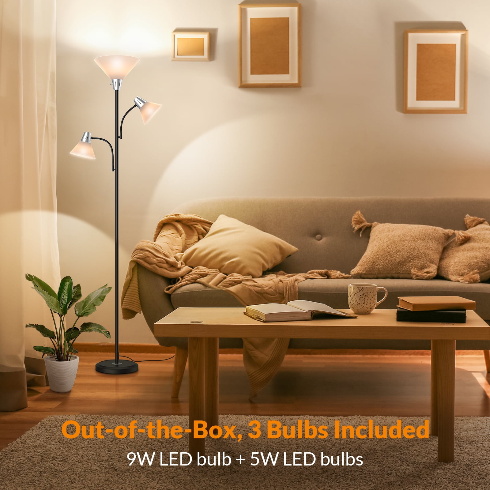 LEPOWER 3-Head LED Floor Lamp with Adjustable Reading Lights, 3000K Warm White, Modern Standing Lamp for Living Room, Bedroom, Office, Black