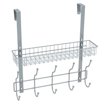 Over The Door Organizer, Silver Metal Hanging Rack with Storage Basket and 5 Hooks for Bathroom, Kitchen, Bedroom - Space - Saving Door Mounted Shelf