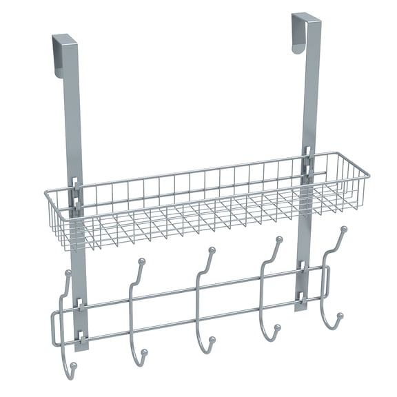 Over The Door Organizer, Silver Metal Hanging Rack with Storage Basket and 5 Hooks for Bathroom, Kitchen, Bedroom - Space - Saving Door Mounted Shelf