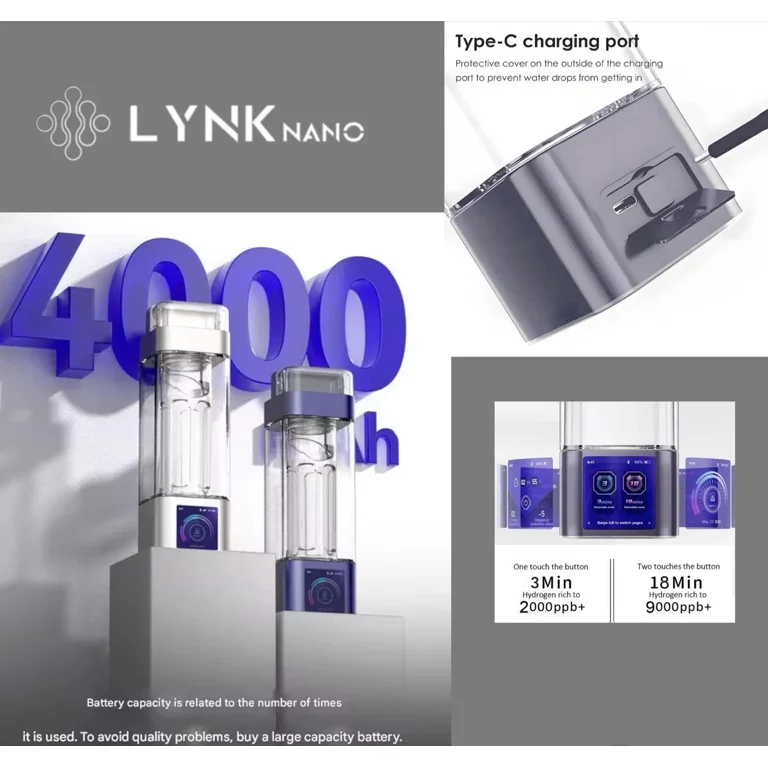 Bottiglia Acqua Idrogenata LynkNano LNFQ11, 10000PPb, Touch Screen, Inalatore, App, 4000mAh