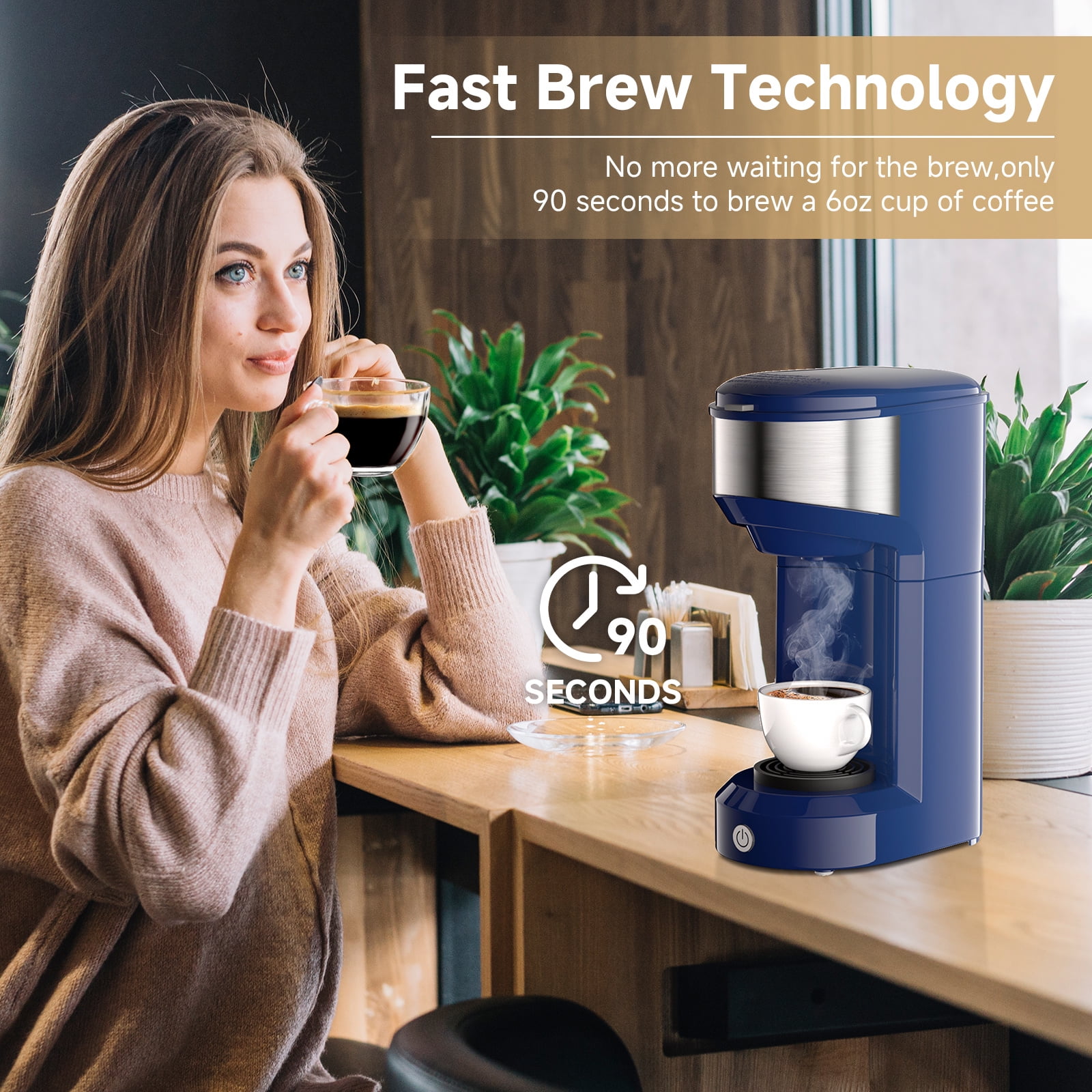 MINI Single Serve Coffee Maker,Instant Coffee Maker One Cup for K Cup & Ground Coffee,Portable Capsule Coffee Machine with 6 to 14oz Reservoir,90 Seconds Fast Brewing and One Button Operation