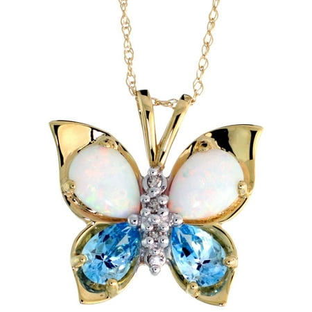 Citrine Gold Tourmaline Necklace (10k Yellow Gold Butterfly Necklace Genuine Blue Topaz Created Opal Diamond accent 5/8 inch (17mm))