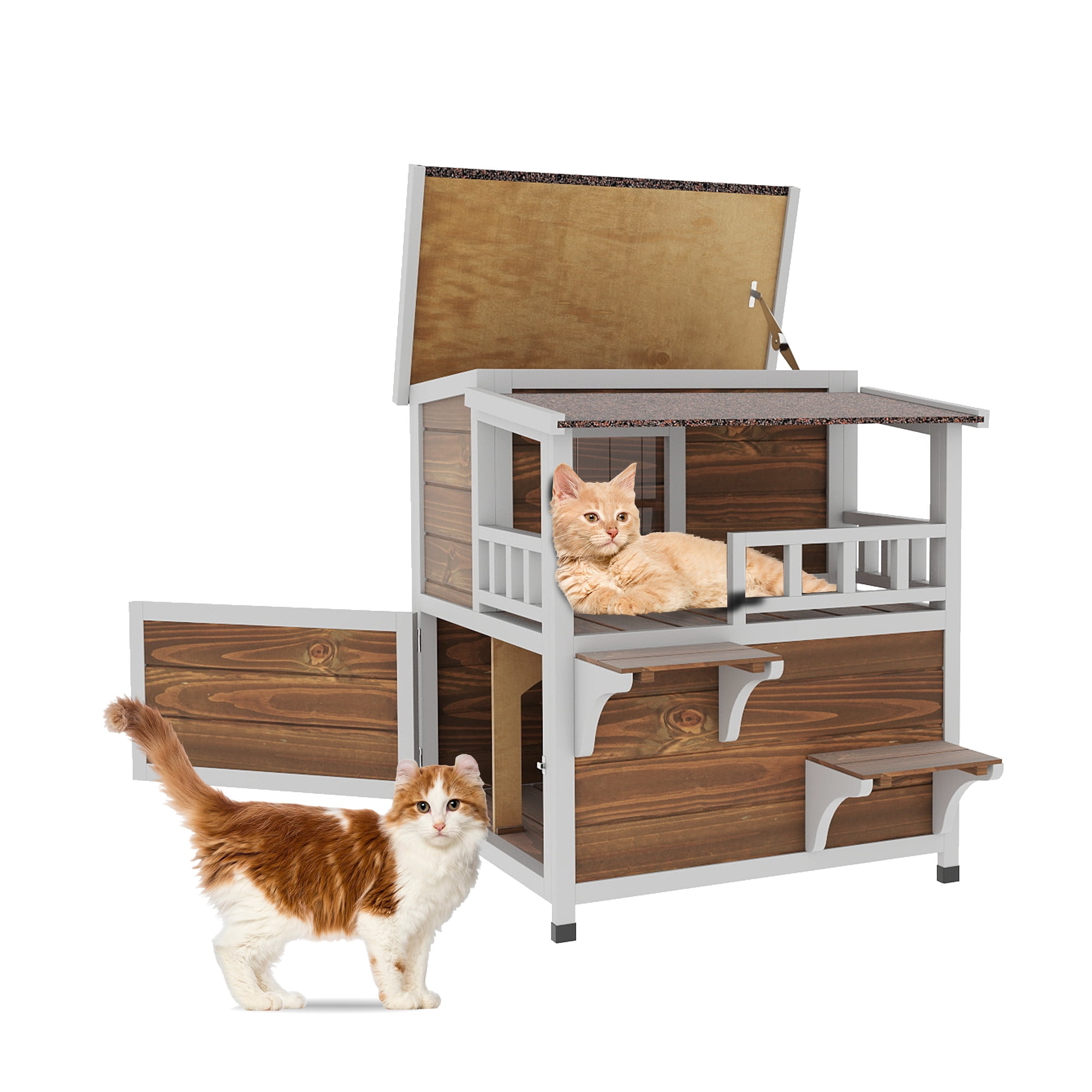 Uforic Two Story Outdoor Cat House, Cat Shelter Weatherproof Wooden Cat House with Balcony - Brown