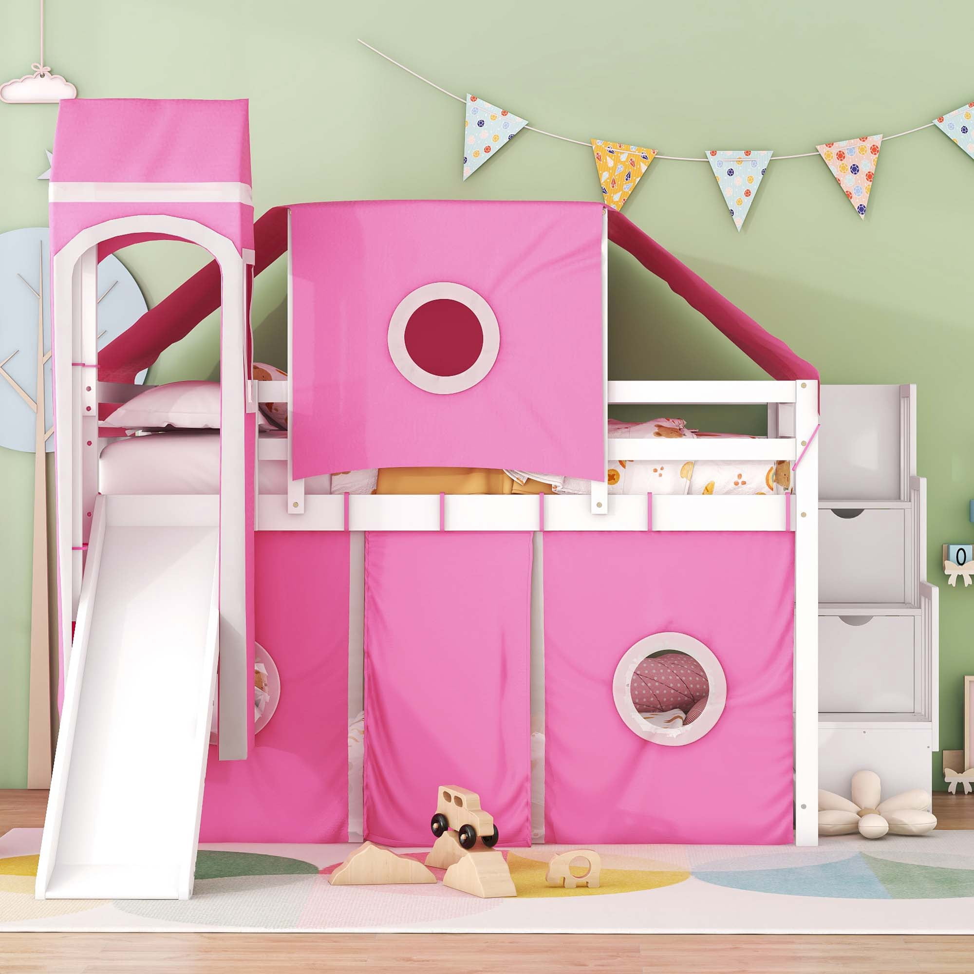 Aukfa Full Size Loft Bed with Slide - Princess Castle Bed with Stairway Tent Tower for Kids Girls - Pink