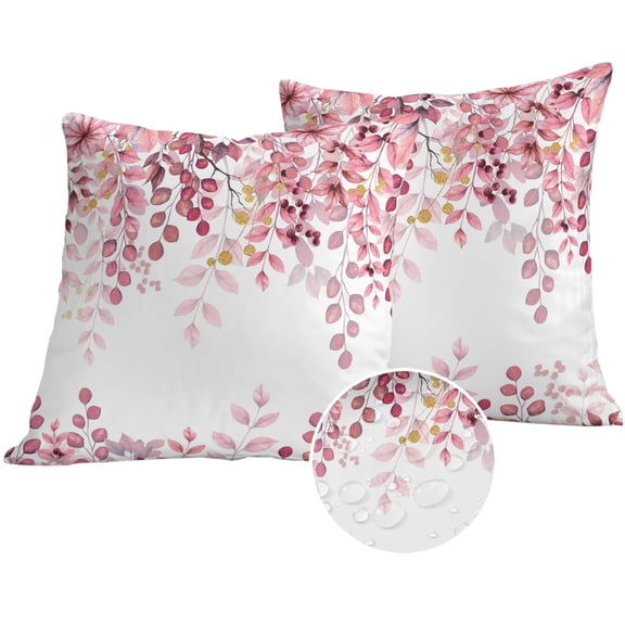 Pink Eucalyptus Leaves Outdoor Pillow Covers 18x18 Set of 2,Waterproof Patio Throw Pillowcase Protectors,Summer Botanical Watercolor Decorative Pillow Shams Cushion Covers for Seat Bed Couch Sofa