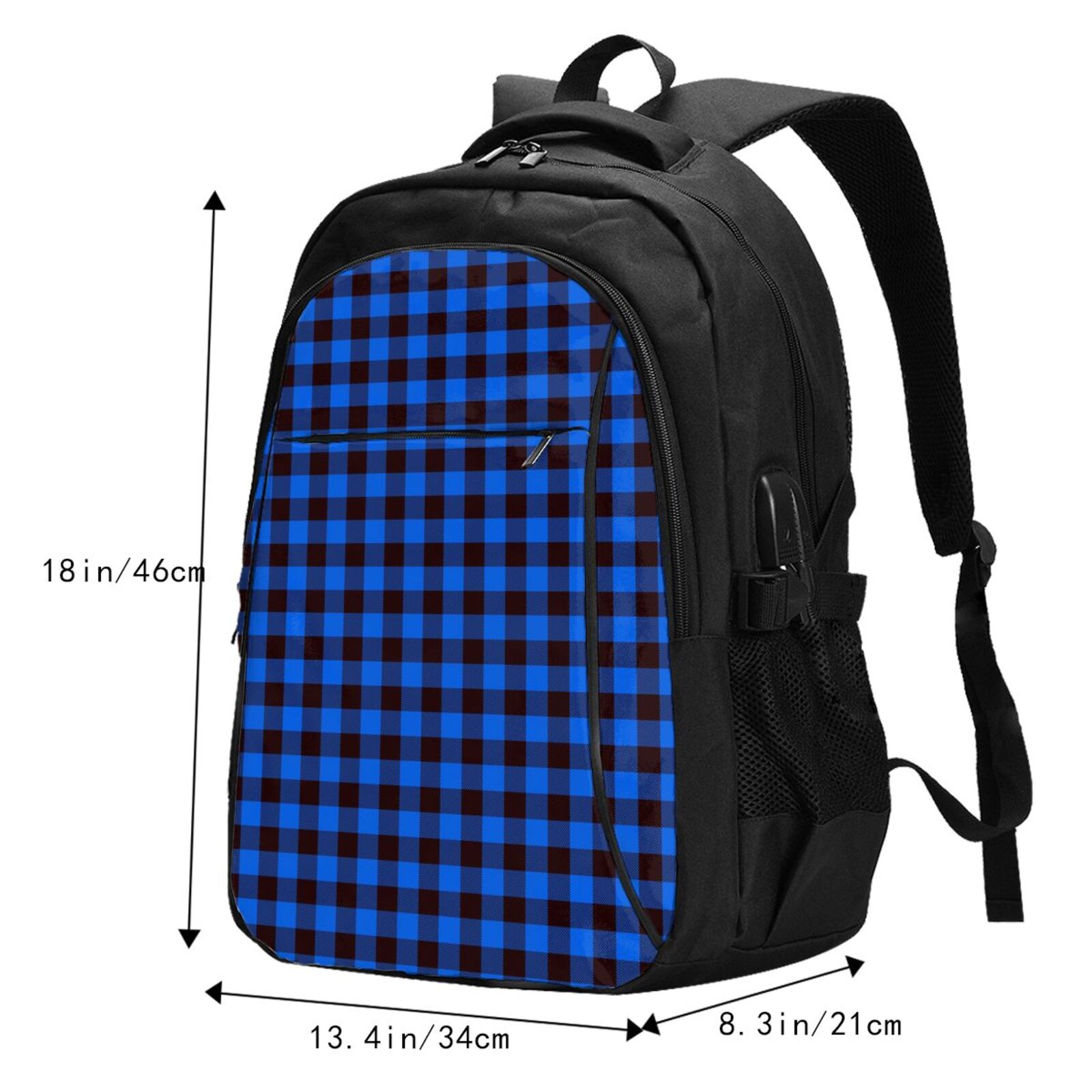 Vsdgher Buffalo Plaid Blue Black Print Travel Laptop Backpack, Laptops Backpack with USB Charging Port, Water Resistant Computer Bag Gift for Men & Women