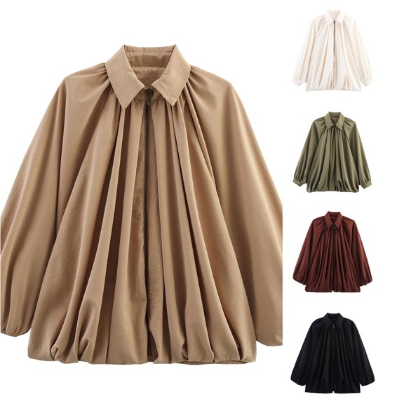 Unir Puff Sleeve Zip Up Casual Jacket for Women, Collared Relaxed Gathered Fit, Comfortable Everyday Lightweight Spring Fall Outerwear, 1 Piece, S-L