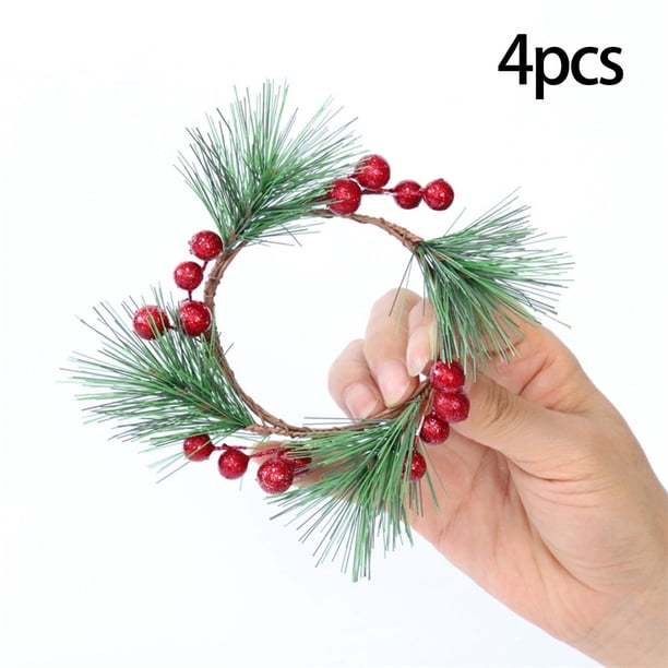 Anillos de Vela de Hojas de Pino Macarena 4 Piezas con Portavelas de Bayas Rojas