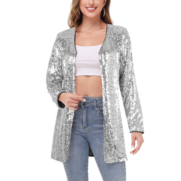 Women's Open Front Sequin Coat Las Vegas Blazer Party Club Cocktail Jacket Outerwear