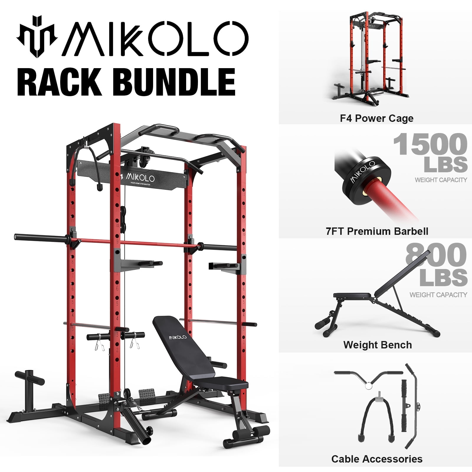 Power Cage - Red / Weight Bench - Black / Barbell - Red
