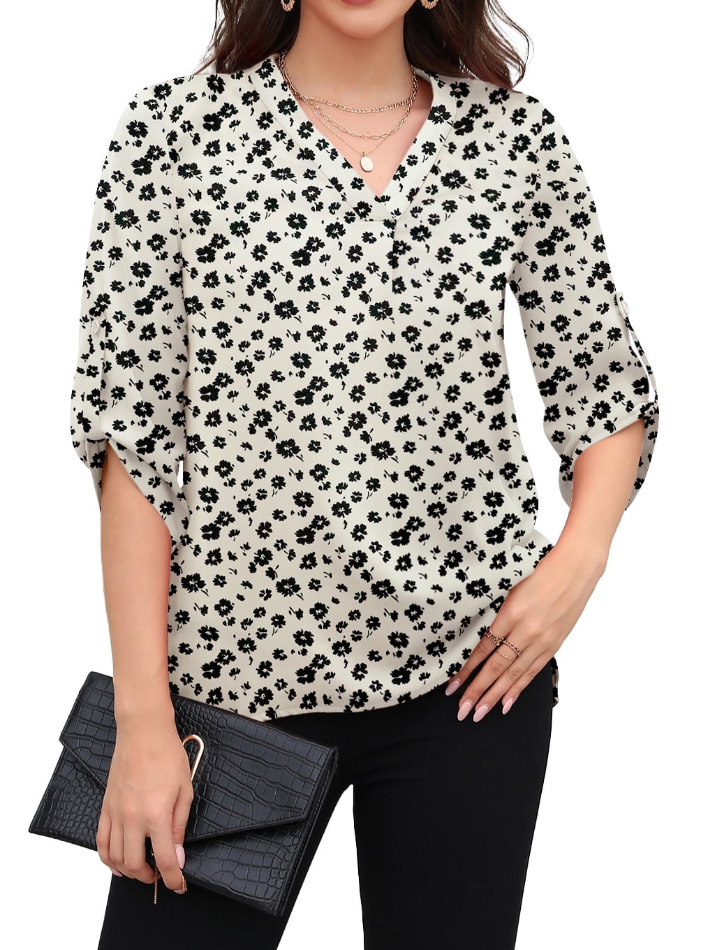 3/4 Sleeve Shirts for Women Ladies Dressy Tops Business Casual V Neck Tunics
