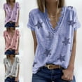 thumbnail image 2 of Fusipu Women T-shirt Five-pointed Star Print Lace Summer Short Sleeve V Neck Blouse for Date, 2 of 8