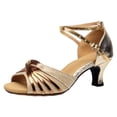 thumbnail image 5 of Rokment Latin Dance Shoes for Women Metallic Gold Glitter Leather Heeled Ballroom Tango Practice Performance Dancing Sandals Gold Size 6, 5 of 6